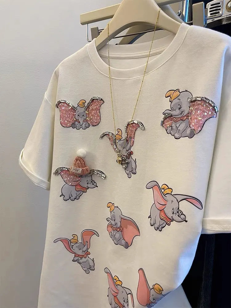VINESU 3D Cute Flying Elephant Graphic Oversized Tee | Handmade Hat, Heart Necklace & Beaded Rhinestone Details