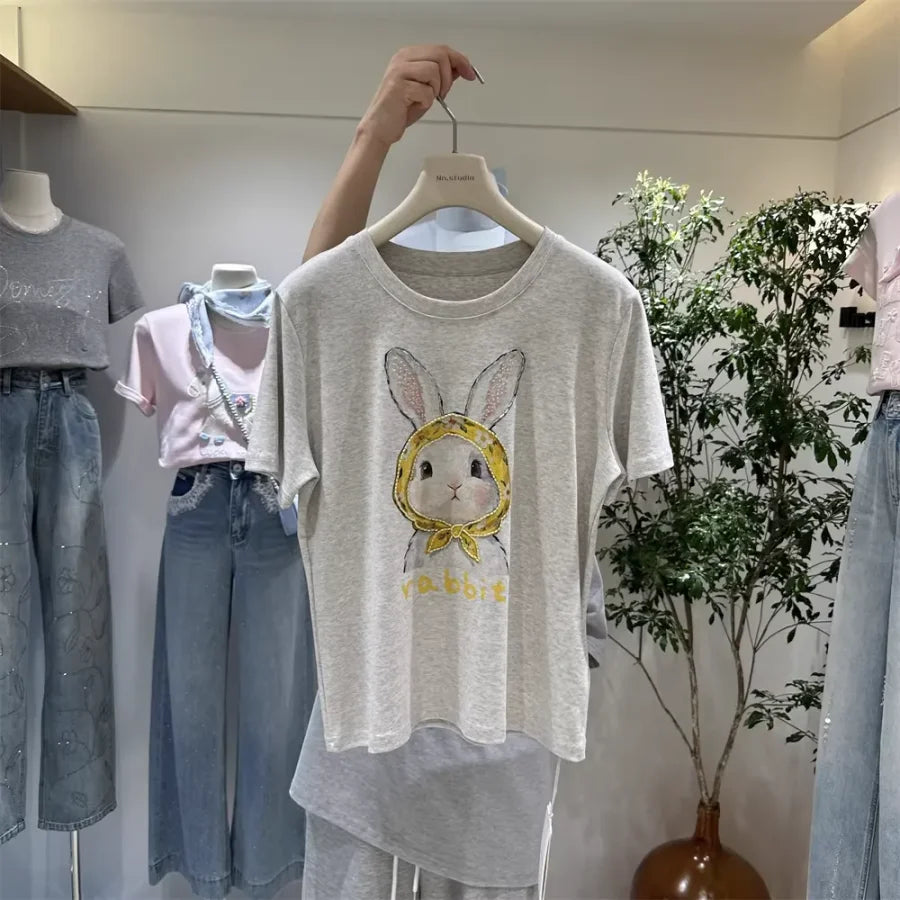 A122 -220g Cotton Tee with Hand-Beaded Bunny & Floral Hood Motif