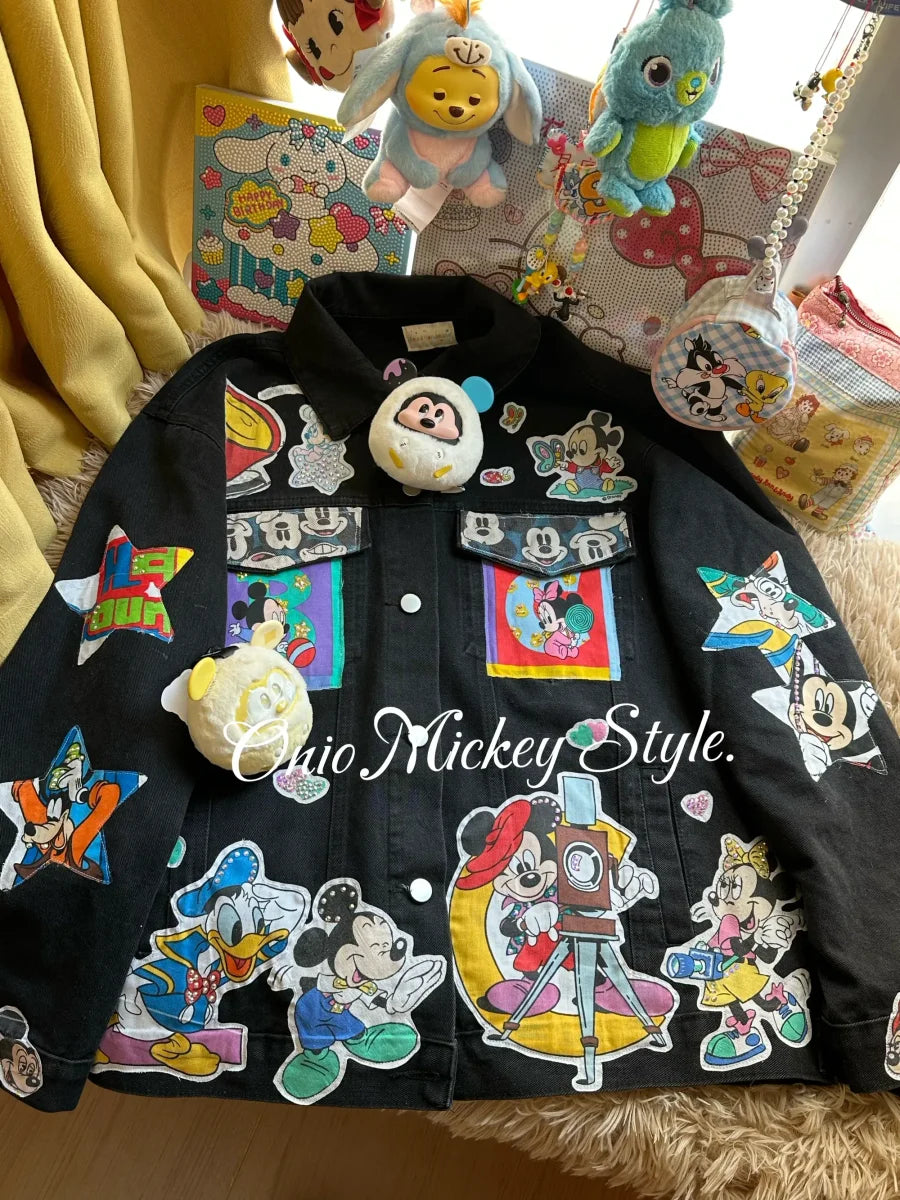 Vinesu A70 - Custom Mickey Patchwork Denim Jacket - Handmade Oversized Jean Jacket