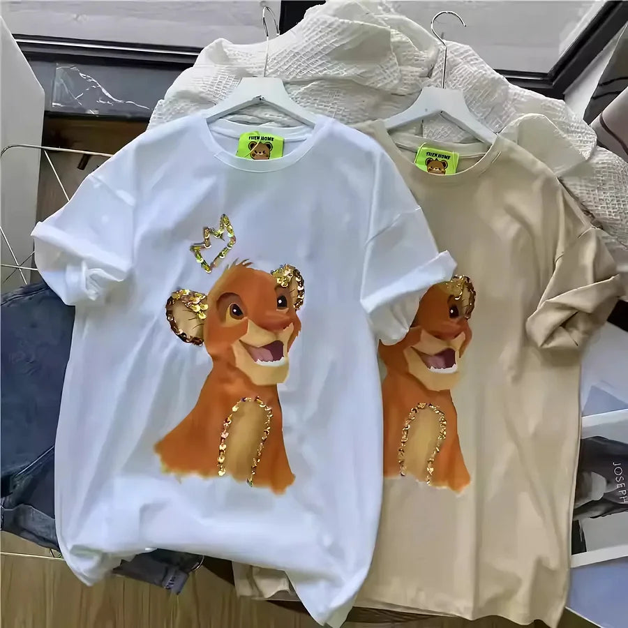 220g Cotton Simba Graphic Tee - Gold Sequin Crown & Ear Embellishments - Unisex