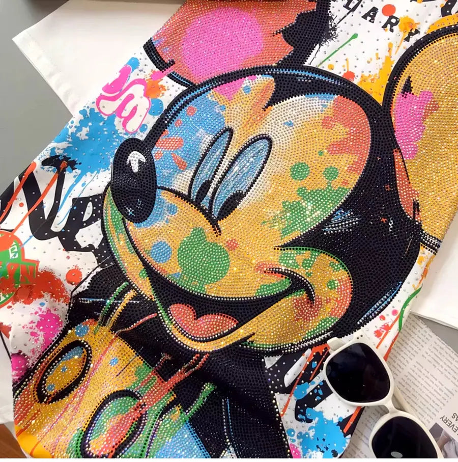 VINESU MK06 - Full Rhinestone Graffiti Mickey Oversized Cotton Tee