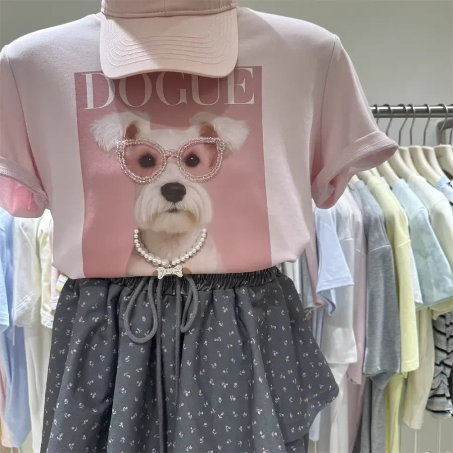 A116 - Premium 220 GSM Cotton Graphic Tee - "DOGUE" Schnauzer with Hand-Stitched Pearls & 3D Crystal Glasses