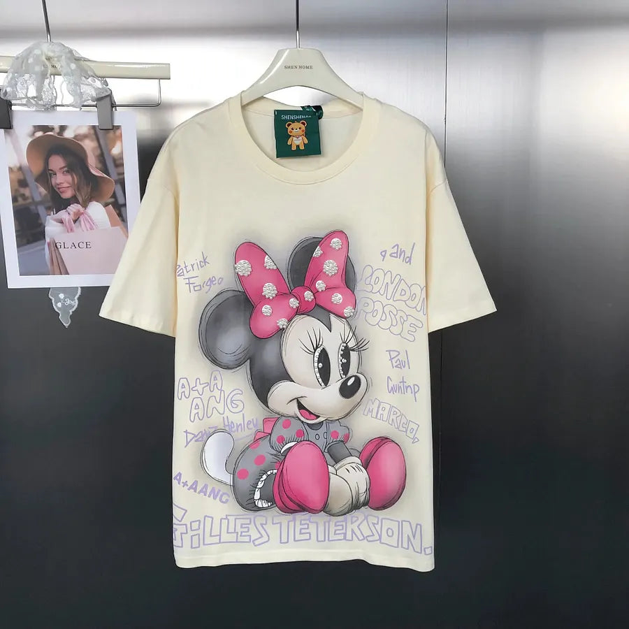 VINESU MKT05 - Playful Mouse Print Pearl-Detailed Casual T-Shirt for Women