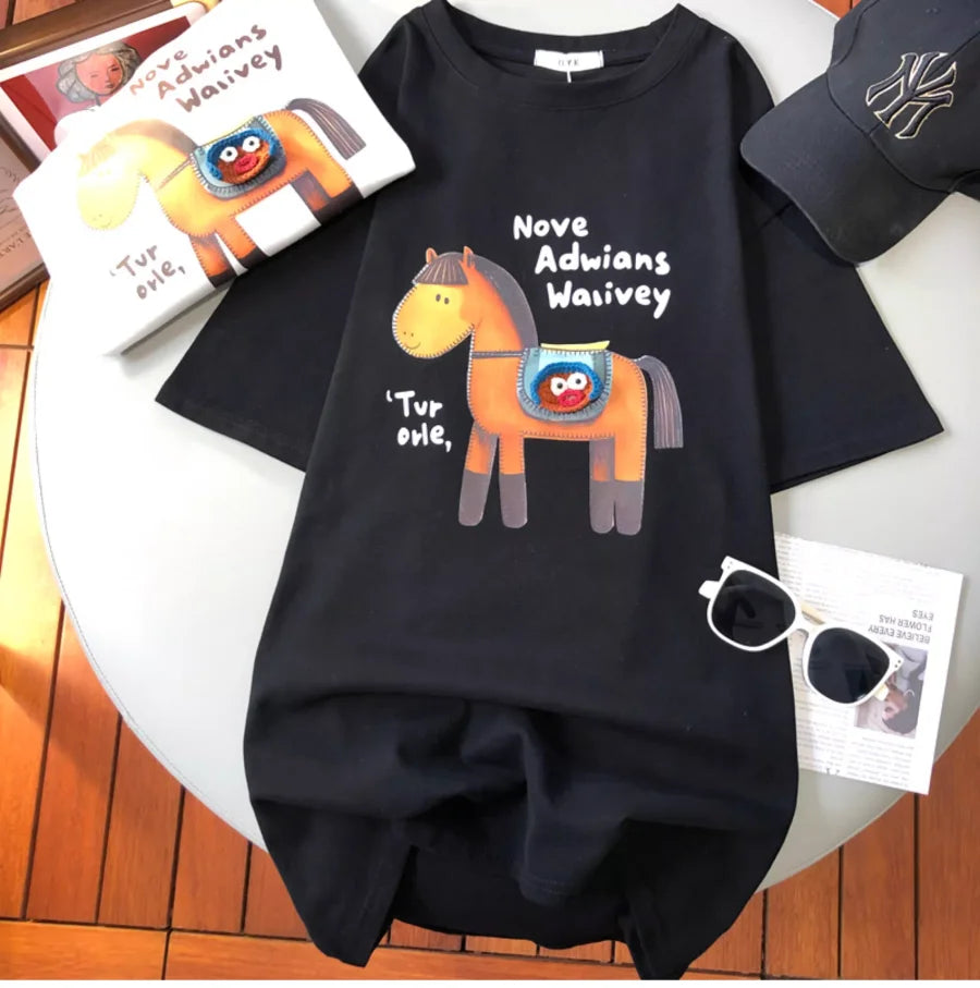 A110 - Artisan 3D Crochet Horse Graphic Tee - Hand-Knitted Detail & Premium Cotton, Boutique Style Embroidered Top