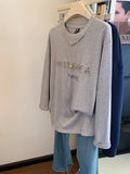 VINESU A33 - Rhinestone Embellished Paris Graphic Oversized Grey T-Shirt with Chain Necklace