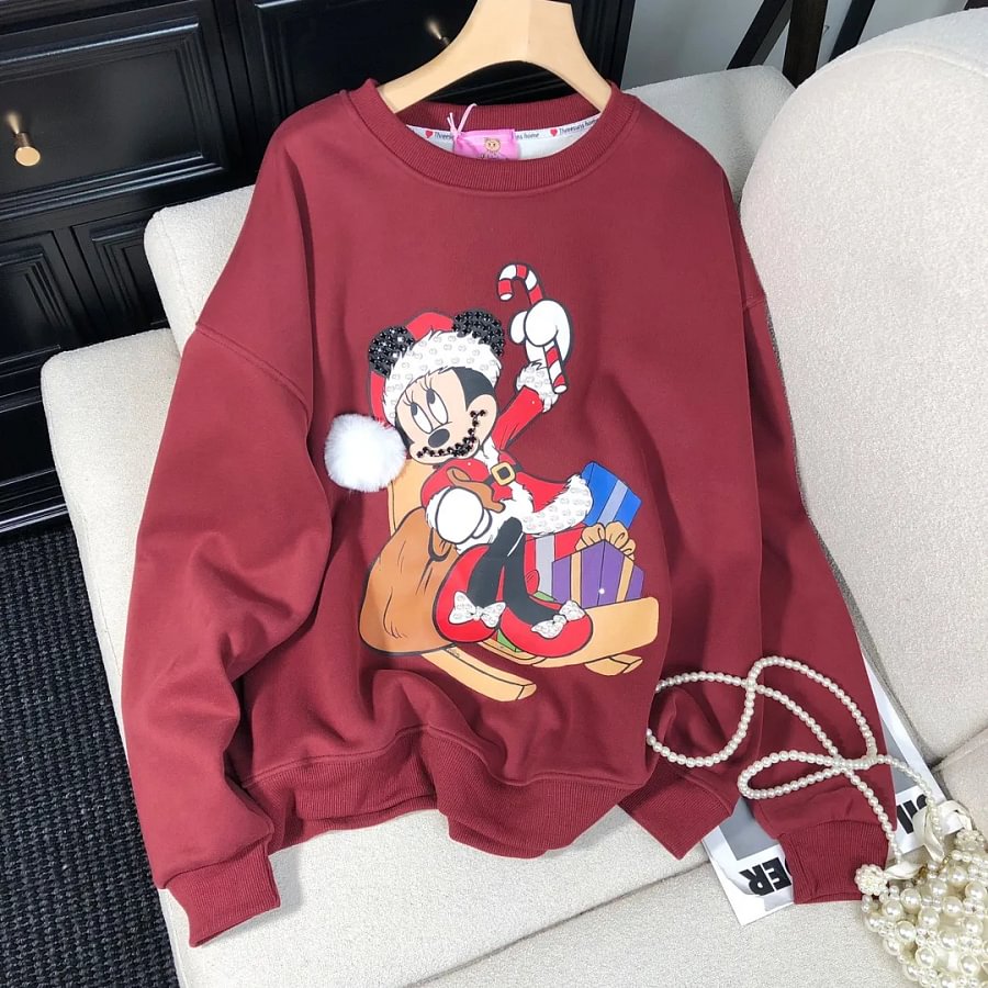 VINESU Christmas MN Cartoon Print Hand-Applied Beads Crewneck Sweatshirt
