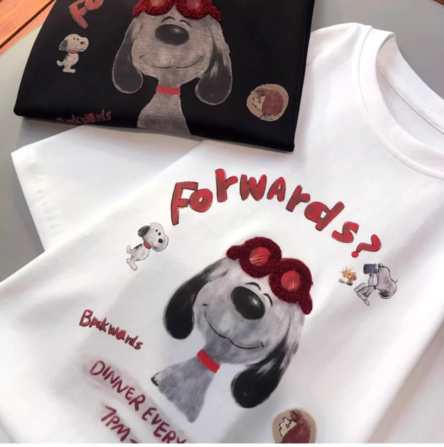 A145 - Hand-Embroidered Snoopy Outline T-Shirt - 220g Premium Heavyweight Cotton
