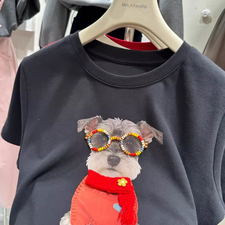 VINESU A50 220GSM Cotton Schnauzer Graphic Tee | Rhinestone Embellished Dog Print T-Shirt