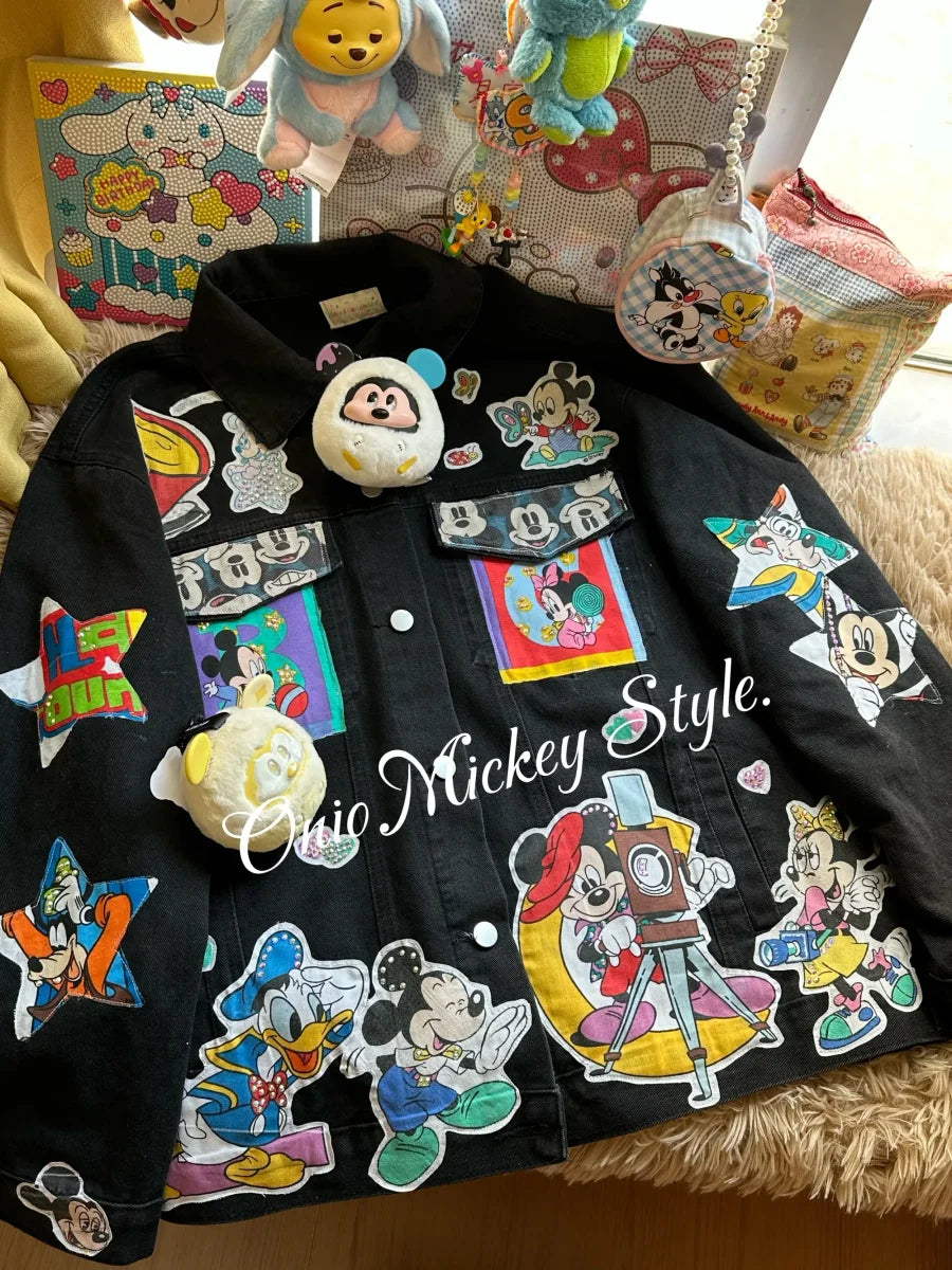Vinesu A70 - Custom Mickey Patchwork Denim Jacket - Handmade Oversized Jean Jacket