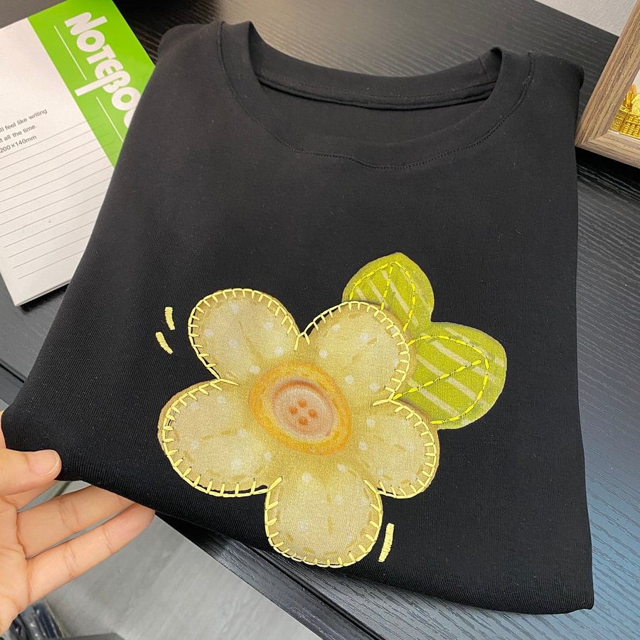 A187 - Embroidered Floral Graphic Tee - Hand-Finished Wildflower Detail - 220g Premium Heavyweight Cotton
