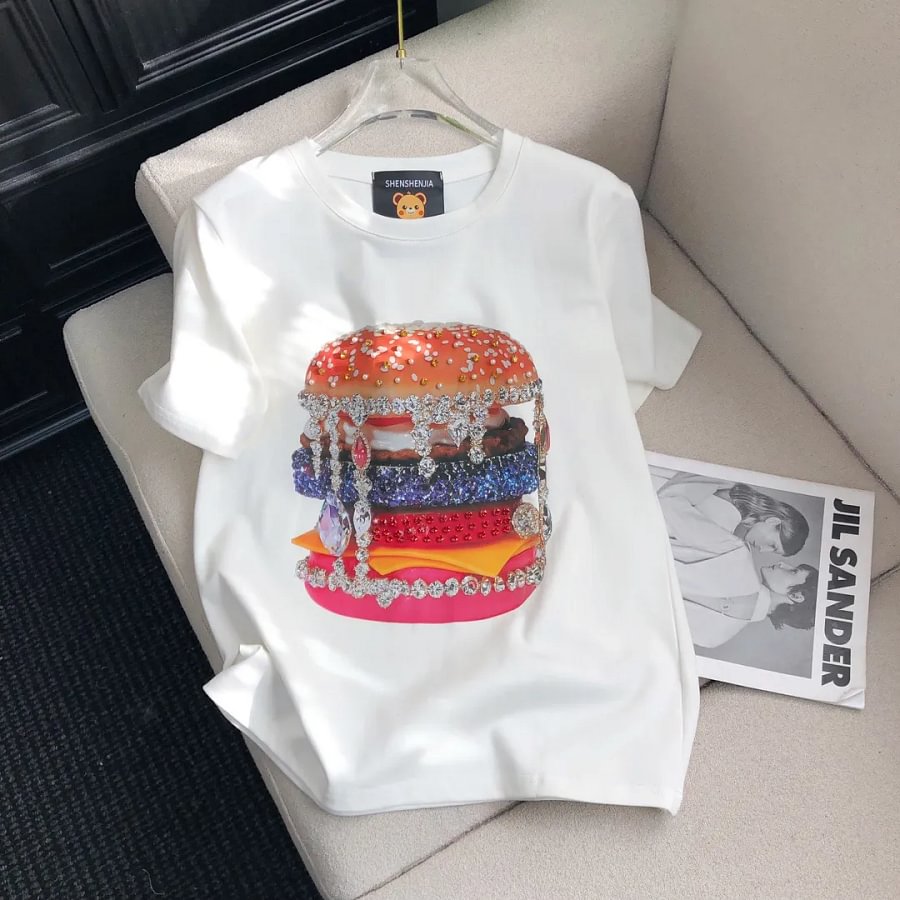 VINESU Pink Edgy-Cute Tee with Heavy Rhinestone Burger Print
