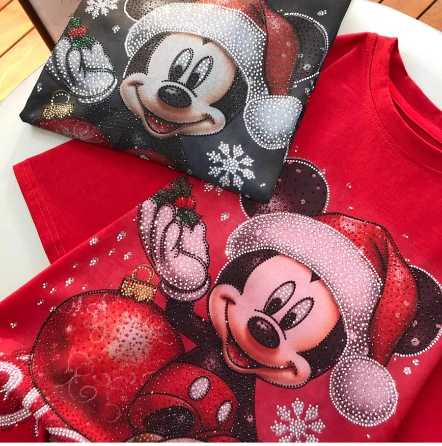 VINESU A08 - New Arrival Christmas Mouse Rhinestone Oversized Tee