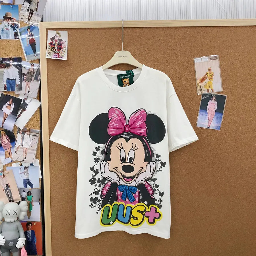 VINESU MKT04 - Cartoon Mouse Hand-Embellished Oversized Cotton T-Shirt