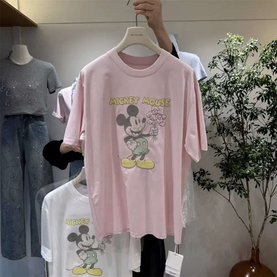 A138 - 2026 New Versatile Cotton Short Sleeve T-Shirt: Mickey Embroidery, Sequins, and 3D Flower Details