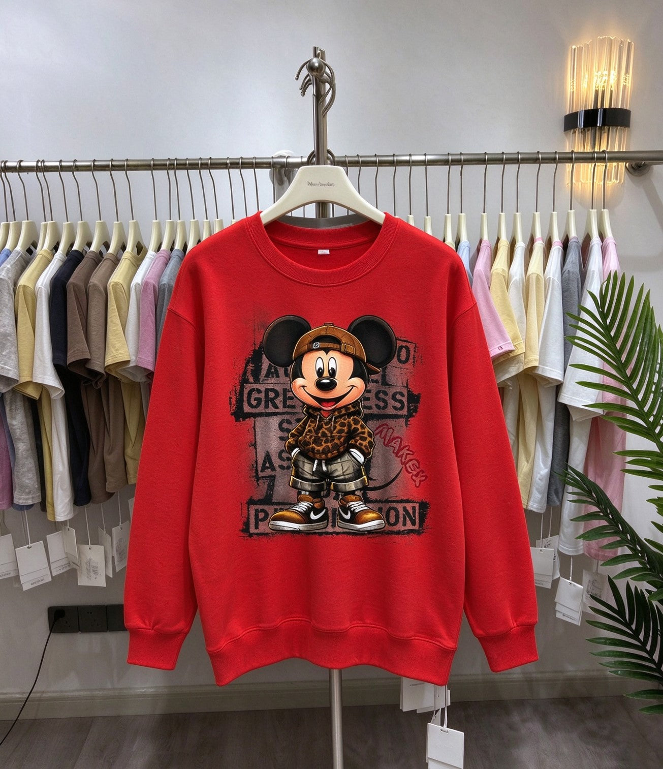 Leopard Street Mickey Graphic Cotton Sweatshirt | Casual Crewneck Pullover
