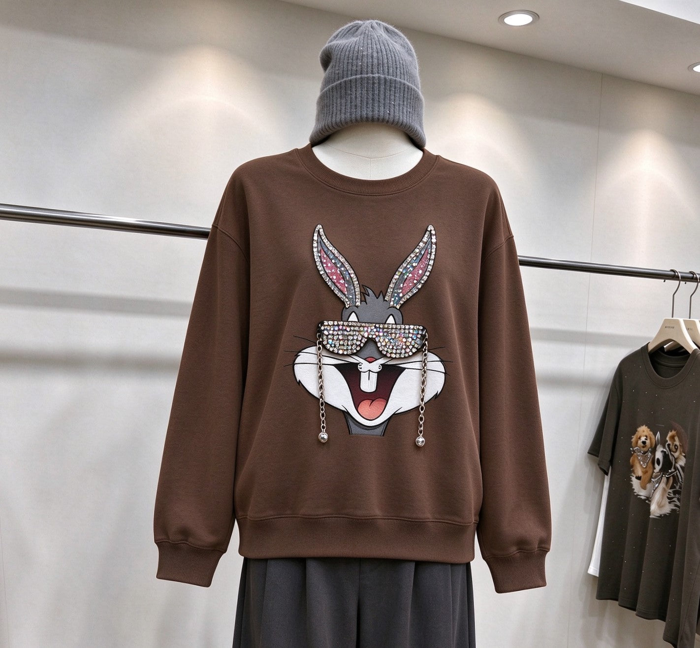 Rhinestone Bugsbunny Graphic Sweatshirt | 3D Chain & Beaded Sunglasses Crewneck