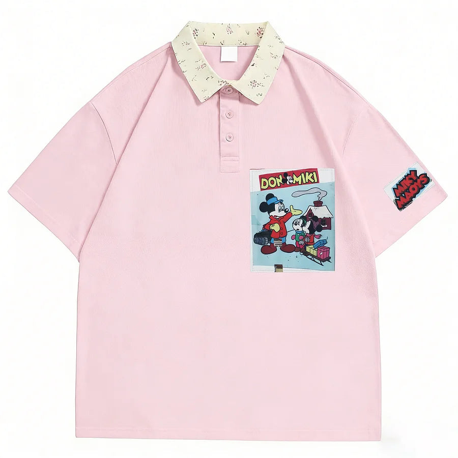 Vinesu A78 - Vintage Mickey-Inspired Comic Patch Floral Collar Polo Shirt | Loose Casual Short-Sleeve Top