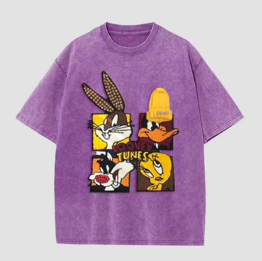 VINESU Looney Tunes - Themed Washed - Out Pink T - shirt: Retro Cartoon Vibe