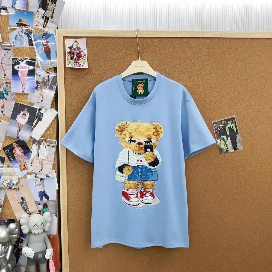 VINESU A18 - Selfie Teddy Bear Print Hand-Beaded Casual T-Shirt