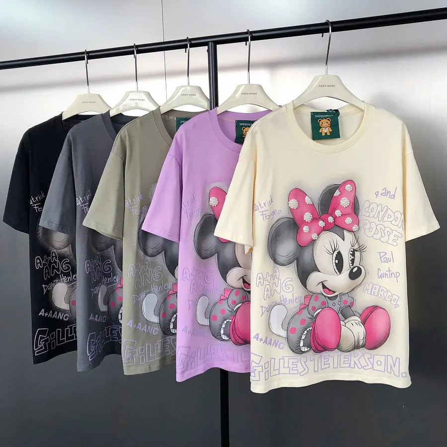 VINESU MKT05 - Playful Mouse Print Pearl-Detailed Casual T-Shirt for Women