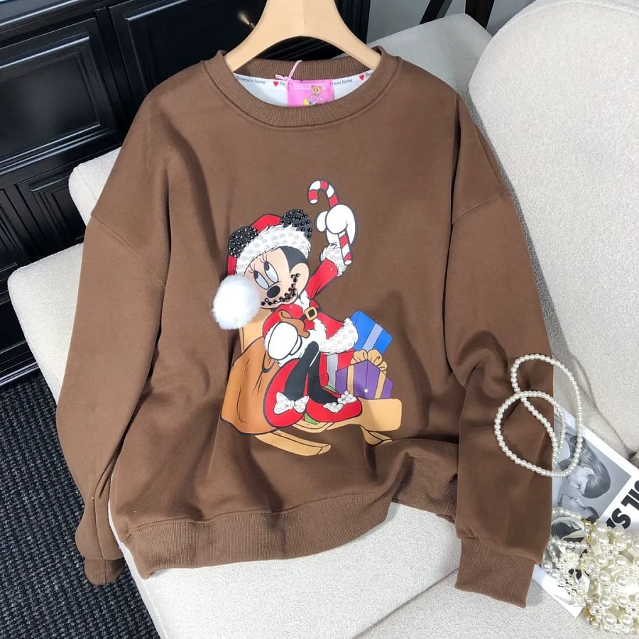 VINESU Christmas MN Cartoon Print Hand-Applied Beads Crewneck Sweatshirt