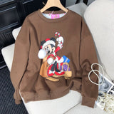 VINESU Christmas MN Cartoon Print Hand-Applied Beads Crewneck Sweatshirt