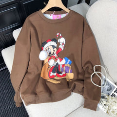 VINESU Christmas MN Cartoon Print Hand-Applied Beads Crewneck Sweatshirt