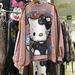 Sequin Embroidered HELLOKITTY Character Lightweight Sweatshirt – Double Side Graphic Crewneck