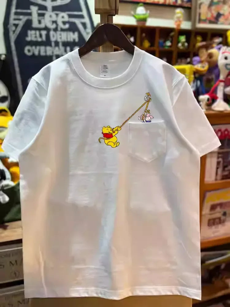 A102 - Winnie the Pooh Creative Pocket Graphic T-Shirt - 220g Heavyweight Pure Cotton Breathable Tee, Cute Cartoon Print Loose Fit Top