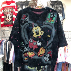 A163 - Mickey Mouse Sequin Cropped Tee - 320g Ultra-Heavyweight Premium Cotton - Boxy Fit Short Graphic T-Shirt