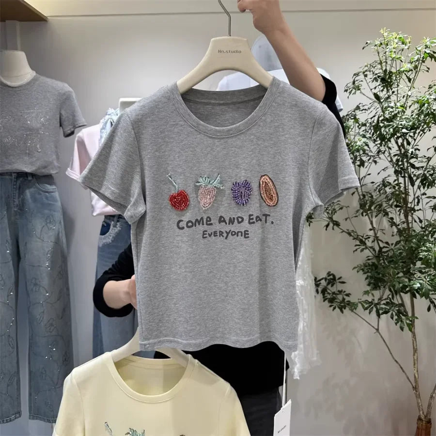 A121 - Luxury Fruit Embroidery Beaded T-Shirt - 100% Heavy Cotton