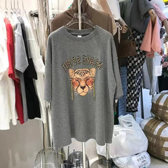 VINESU A28 - Rhinestone Leopard Head Chain Oversized Tee, Brave Spirit Graphic Print T-Shirt
