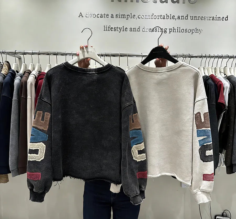 VINESU Y201 Vintage Washed Patchwork Sweatshirt - Heavy Detail Graphic Top