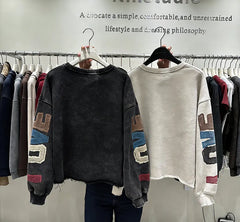 VINESU Y201 Vintage Washed Patchwork Sweatshirt - Heavy Detail Graphic Top