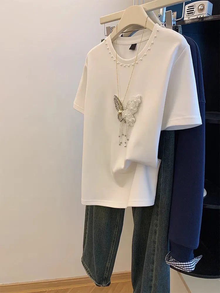 VINESU 🎀Beaded bow-decorated short-sleeved T-shirt