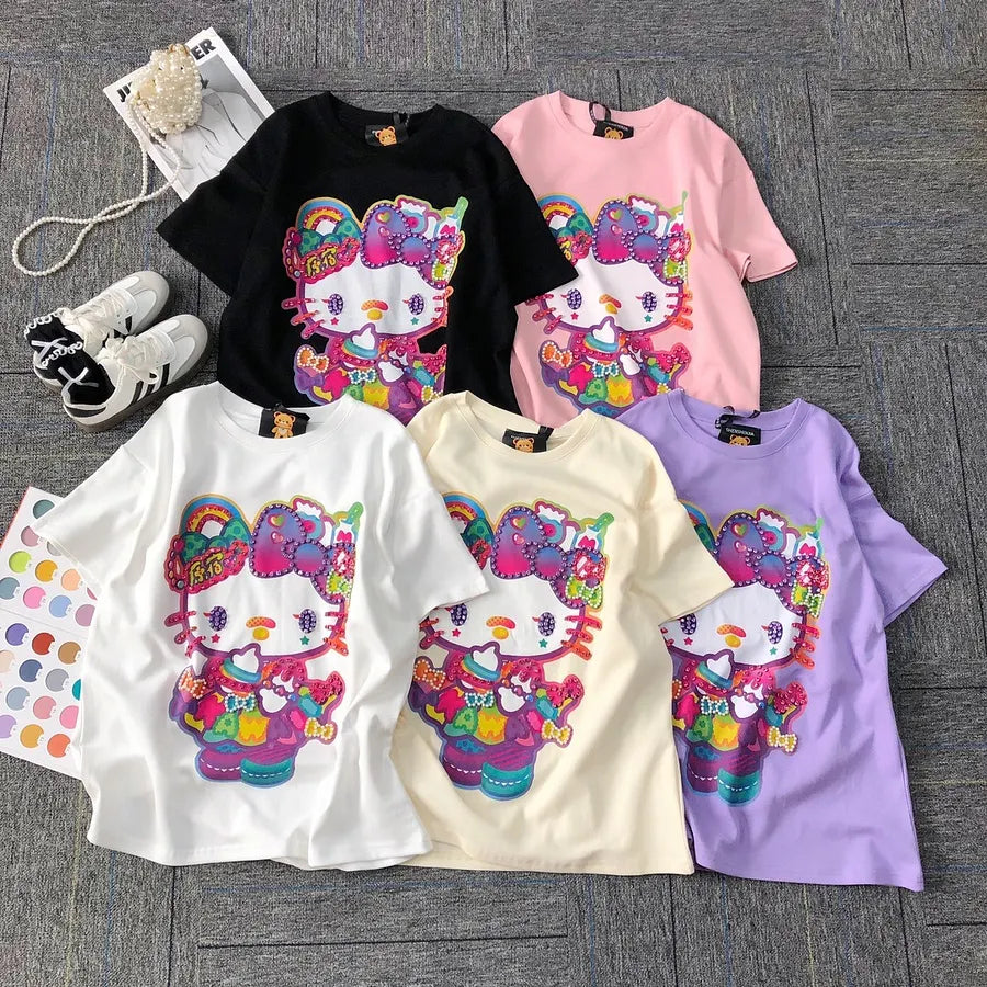 VINESU Diamond-Embellished Colorful Hello Kitty Short Sleeve 🌸