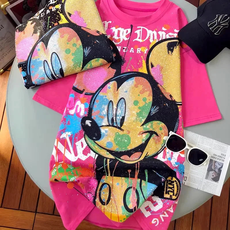 VINESU MK06 - Full Rhinestone Graffiti Mickey Oversized Cotton Tee