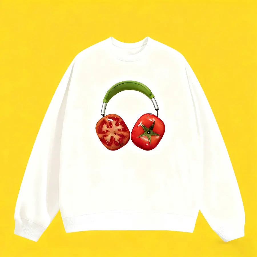 Vinesu Trendy Brand Fun Tomato Headphone Print Crew Neck Sweatshirt