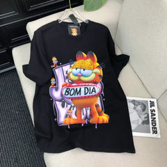 VINESU Rhinestone-Embellished Lazy Cat BOM DIA T-Shirt