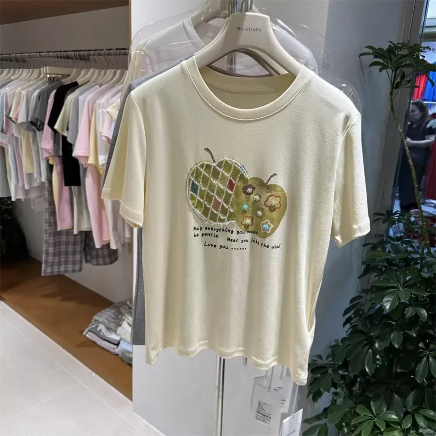 A123 - Premium Green Apple Graphic Tee with Crystal Beading & Gentle