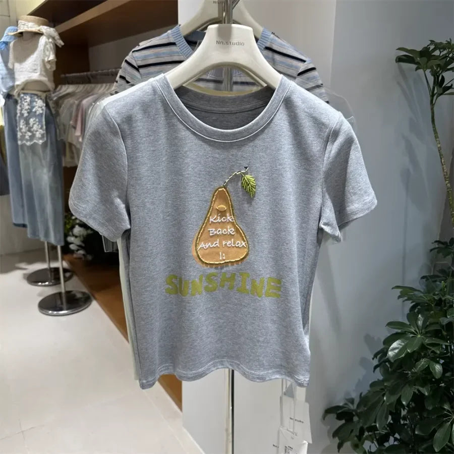 A118 - Premium 220 GSM Heavyweight Cotton Tee - Pear Graphic with Handmade Beaded Leaf & 3D Patch Embroidery
