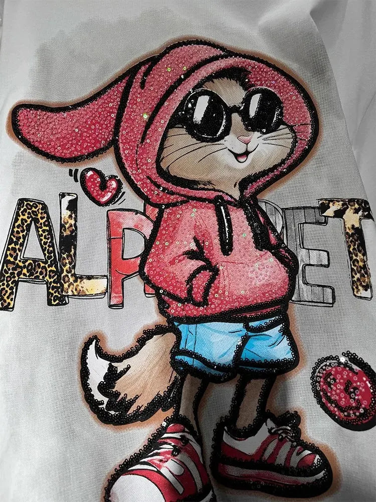 VINESU B04 - Fun Bunny Graphic Cotton Tee with Rhinestones