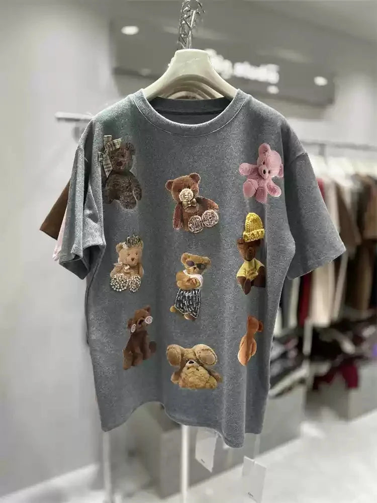 VINESU All-Over Teddy Bear Embroidery Heavyweight Tee