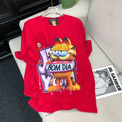 VINESU Rhinestone-Embellished Lazy Cat BOM DIA T-Shirt