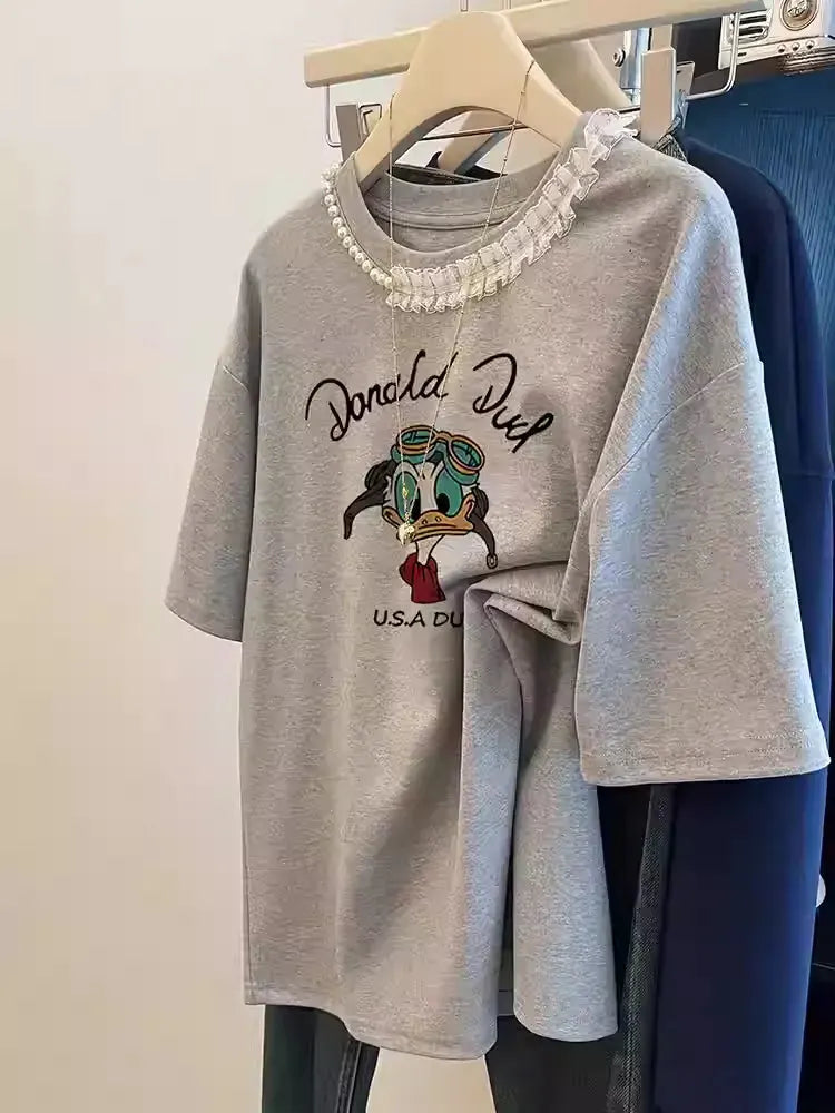 VINESU Slate Gray Lace-Trimmed T-Shirt with Hand-Sewn Beadwork