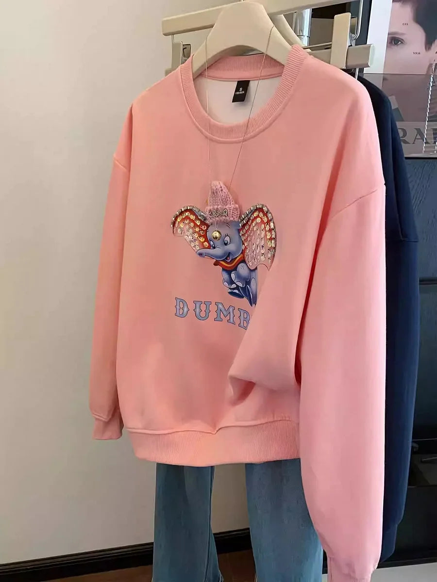 VINESU Dumbo Sweatshirt - with ears covered in shiny rhinestones and wearing a three - dimensional plush small hat