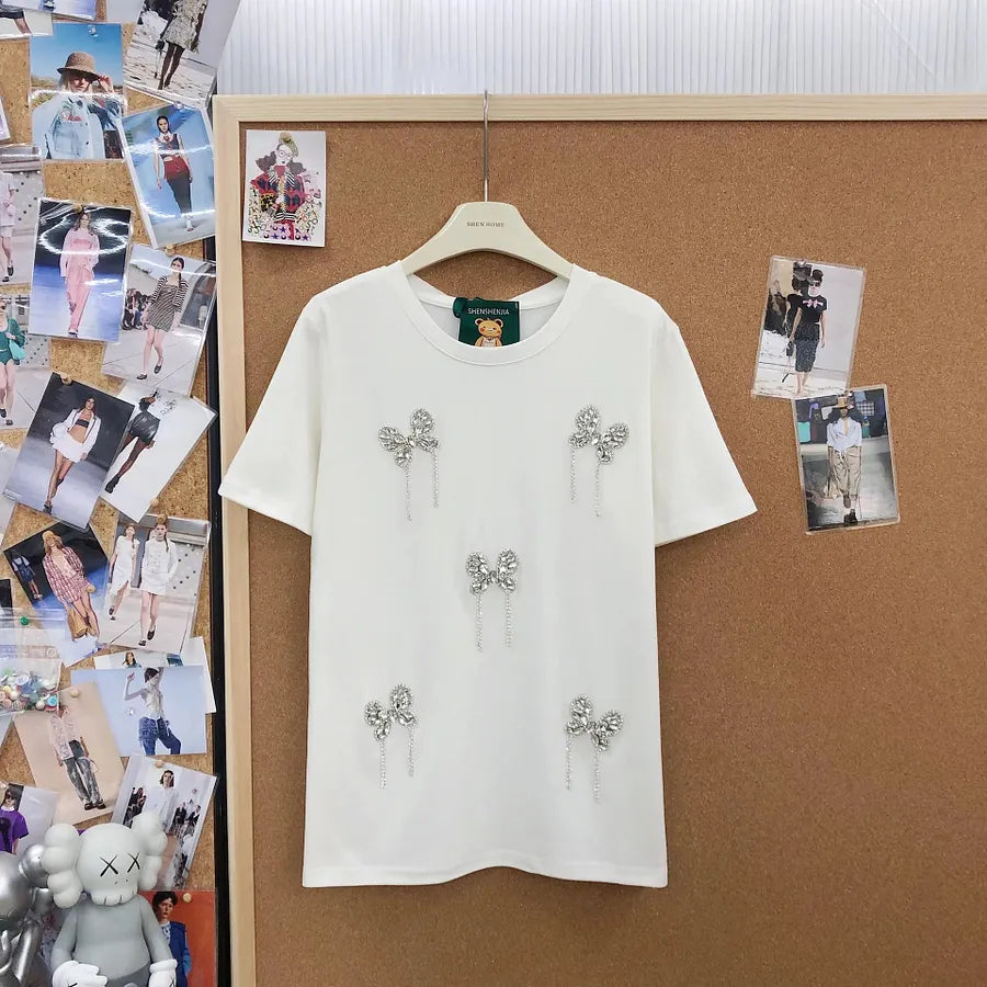 VINESU A26 - Rhinestone Butterfly Tassel Crew Neck Cotton T‑shirt, Soft & Stylish