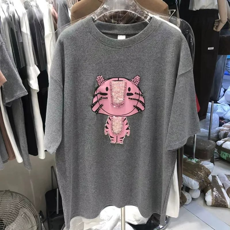 VINESU A29 - Rhinestone Tiger Oversized Tee