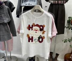 VINESU Hand-Embedded Diamond Cotton Christmas T-Shirt - Creative "HO HO" Santa Print Tee