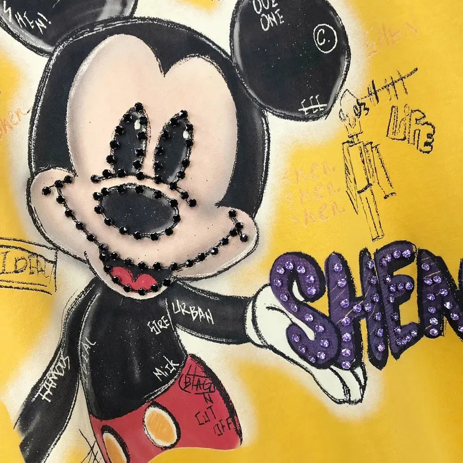 VINESU MKT07 - Oversized Graffiti Mouse T-Shirt for Women - 220g Breathable Cotton with Pearl & Rhinestone Embellishments (Sizes S-3XL)